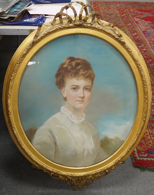 Early 20th century English School, oval pastel, Portrait of a young woman, 61 x 56cm, housed in gilt gesso frame. Condition - fair, some damage to the frame